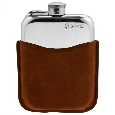 6oz Pewter Flask With Leather Pouch