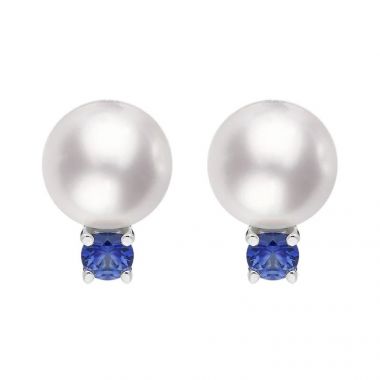 Mikimoto 18ct White Gold Sapphire 7.5mm White A+ Akoya Pearl Stud Earrings