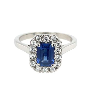 Sapphire & Diamond Emerald Cut 18ct Cluster Ring