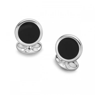 Deakin & Francis Sterling Silver Round Cufflinks with Onyx Inlay
