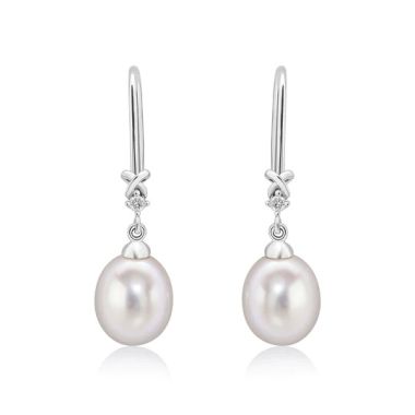 9ct White Gold Diamond & Pearl Hook Earrings
