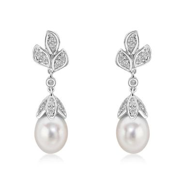 9ct White Gold Diamond & Pearl Floral Drop Earrings