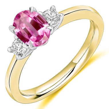 Pink Sapphire & Diamond 3 Stone 18ct Yellow Gold Ring