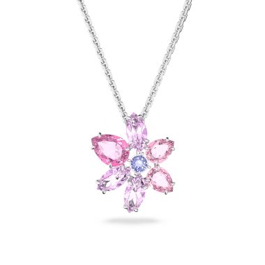 Swarovski Gema pendant, Mixed cuts, Flower, Pink, Rhodium plated