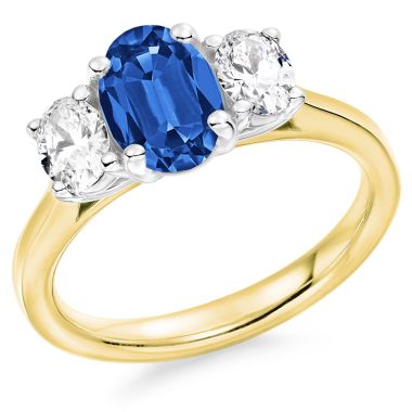 3 Stone Sapphire & Diamond, 18ct Yellow Gold Ring