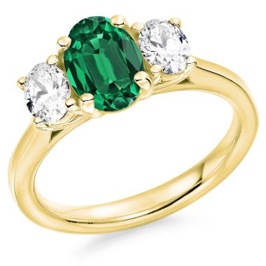 3 Stone Emerald & Diamond, 18ct Yellow Gold Ring